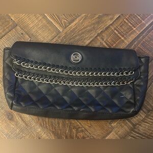 Bebe Black Jenny Leather Quilted Clutch Handbag 
Silver Hardware